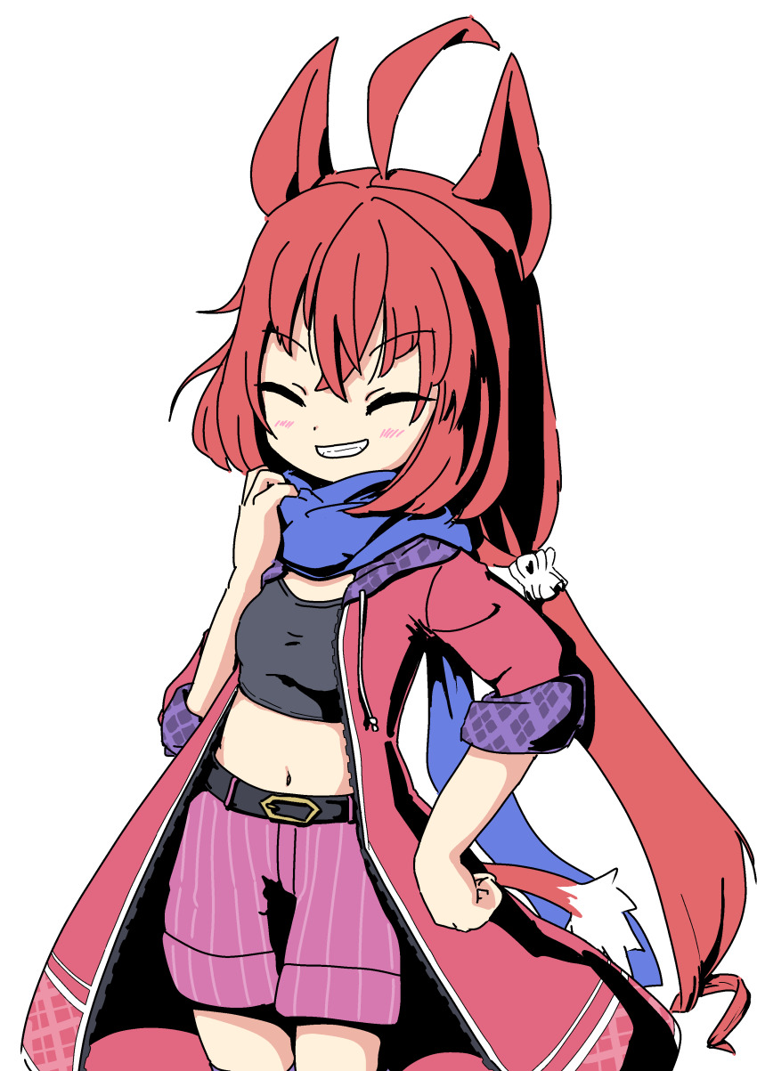 1girl, absurdres, ahoge, animal_ears, belt, black_tube_top, blue_scarf, bow