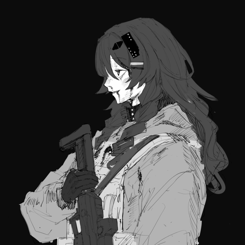 1girl, alternate_costume, bleeding, blood, blood_from_mouth, blood_on_clothes, blood_on_face, cirsium_(lavender_quartz), from_side, gloves, greyscale, gun, hair_ornament, half-closed_eyes, highres, holding, holding_gun, holding_weapon, jacket, lavender_quartz, lavender_quartz:_kyoukai_hyoudou, load_bearing_vest, long_hair, long_sleeves, looking_ahead, monochrome, n.e., nosebleed, open_mouth, profile, rifle, shoulder_strap, simple_background, smile, soldier, solo, weapon