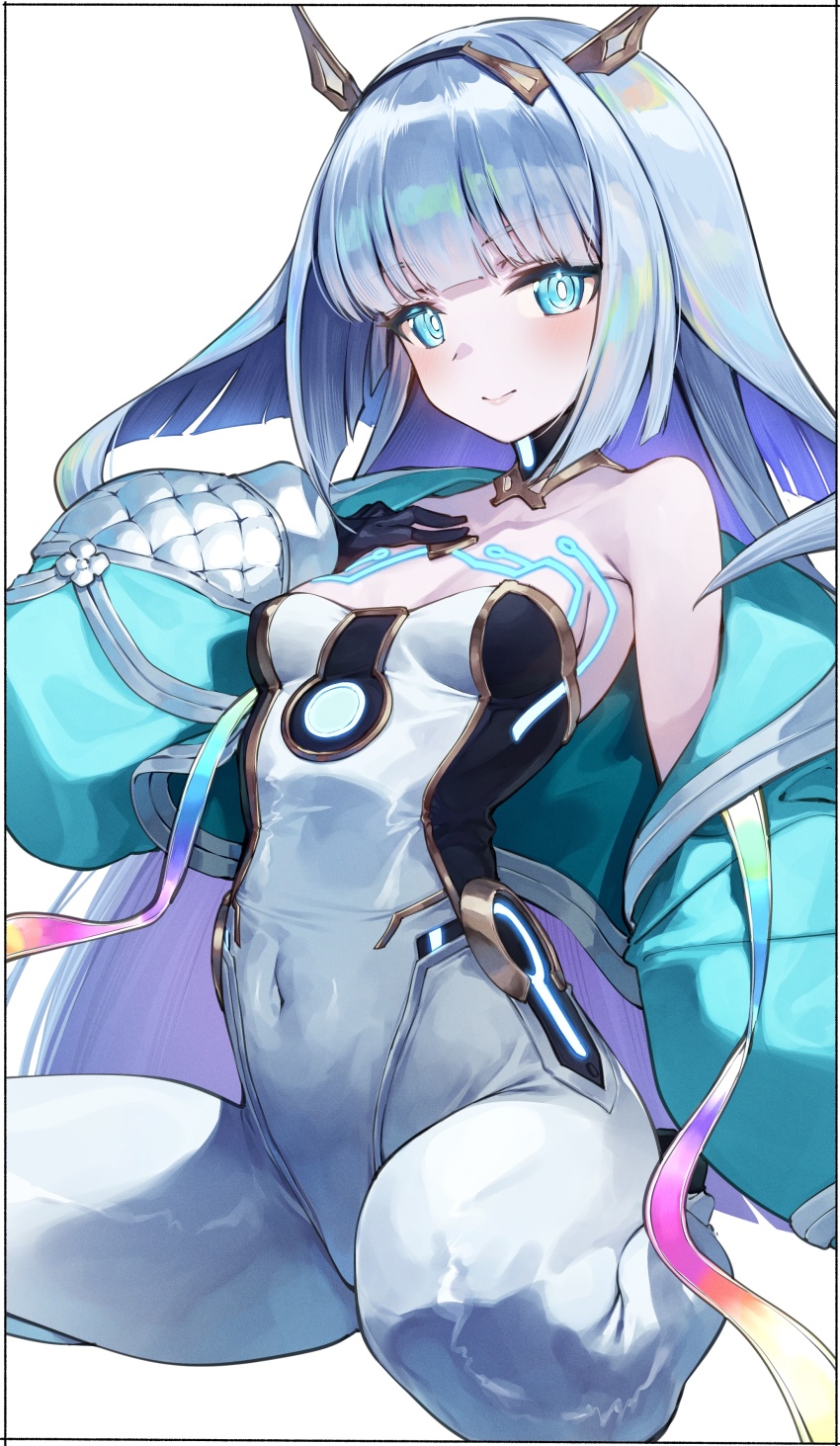 1girl, absurdres, aqua_jacket, bare_shoulders, black_bodysuit, black_choker, black_gloves, blue_eyes