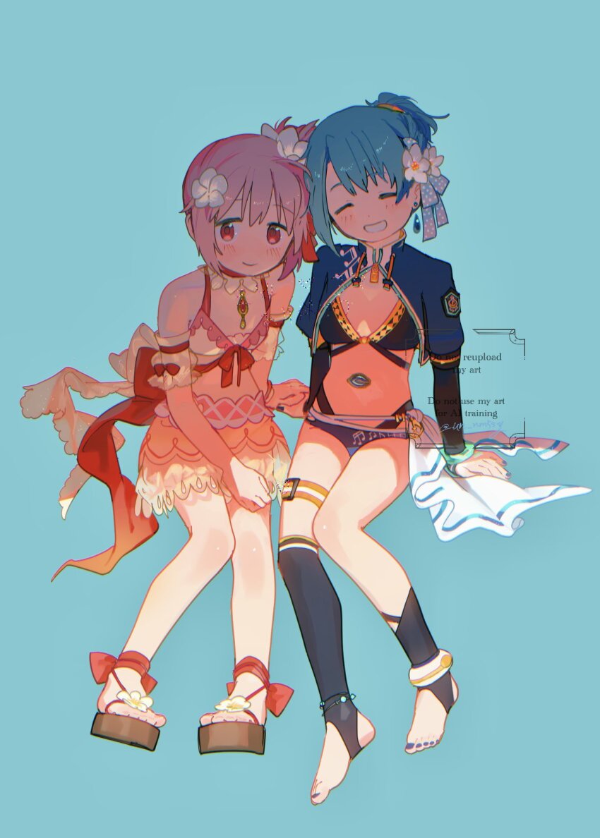 2girls, ^_^, ankle_bow, ankle_ribbon, anklet, aqua_background, asymmetrical_legwear, back_bow