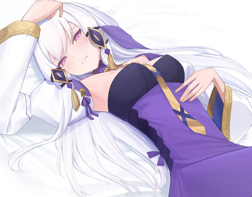 1girl, absurdres, blush, breasts, choker, dokon, dress, fire_emblem, fire_emblem:_three_houses, hair_ornament, highres, long_hair, long_sleeves, looking_at_viewer, lying, lysithea_von_ordelia, lysithea_von_ordelia_(timeskip), nintendo, on_back, parted_lips, pink_eyes, purple_choker, purple_dress, simple_background, small_breasts, smile, solo, teeth, upper_body, white_background, white_hair