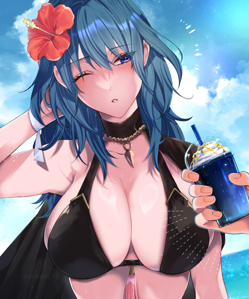 1girl, 1other, beach, bikini, black_bikini, black_cape, blue_eyes, blue_hair, blue_sky, blush, breasts, cape, cleavage, cloud, cup, drinking_straw, female_byleth_(fire_emblem), female_byleth_(summer)_(fire_emblem), fire_emblem, fire_emblem:_three_houses, fire_emblem_heroes, flower, hair_flower, hair_ornament, hibiscus, highres, holding, holding_cup, large_breasts, long_hair, looking_at_viewer, mokichi_xx, nintendo, ocean, official_alternate_costume, one_eye_closed, outdoors, parted_lips, red_flower, sideboob, sky, solo_focus, swimsuit, teeth, upper_body, water, whipped_cream