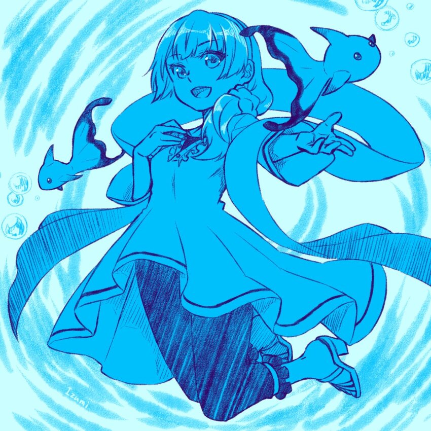 1girl, bubble, dress, fish, hairband, hand_on_own_chest, high_heel_sandals, high_heels