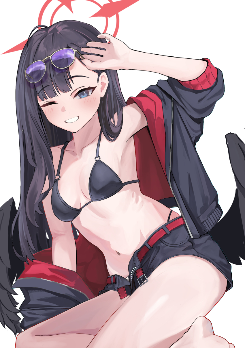 1girl, absurdres, bikini, black_bikini, black_hair, black_jacket, black_shorts, black_wings