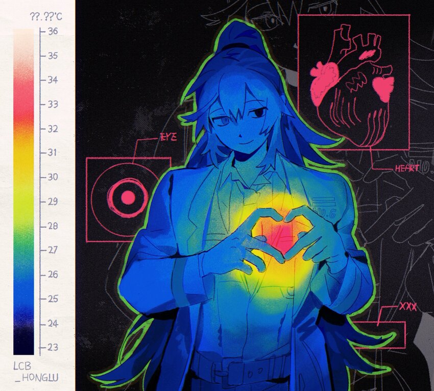 1boy, averting_eyes, bakori514_(h_akka), black_eyes, blue_coat, blue_eyes, blue_hair, blue_necktie, blue_shirt, blue_vest, coat, collared_shirt, commentary, diagram, double-parted_bangs, green_outline, hair_between_eyes, head_tilt, heart, heart_(organ), heart_hands, heart_in_heart_hands, heatmap, heterochromia, high_ponytail, highres, hong_lu_(project_moon), limbus_company, limited_palette, long_hair, male_focus, necktie, outline, ponytail, project_moon, shirt, smile, solo, untranslatable_commentary, upper_body, vest, zoom_layer