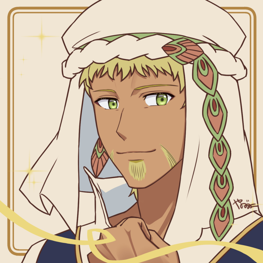 1boy, azir_anuma_kukuja, blonde_hair, close-up, dark-skinned_male, dark_skin, green_eyes, sentai_red_isekai_de_boukensha_ni_naru