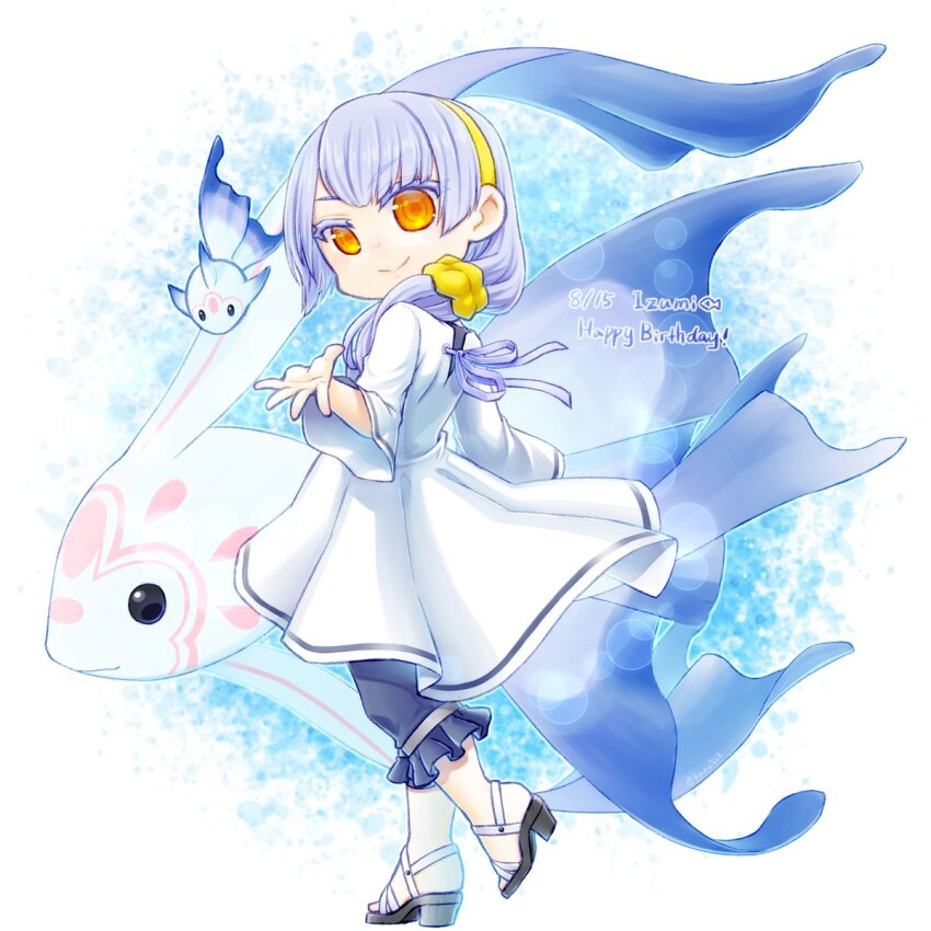 1girl, character_name, dated, dress, elefee, familiar, fish, grey_hair
