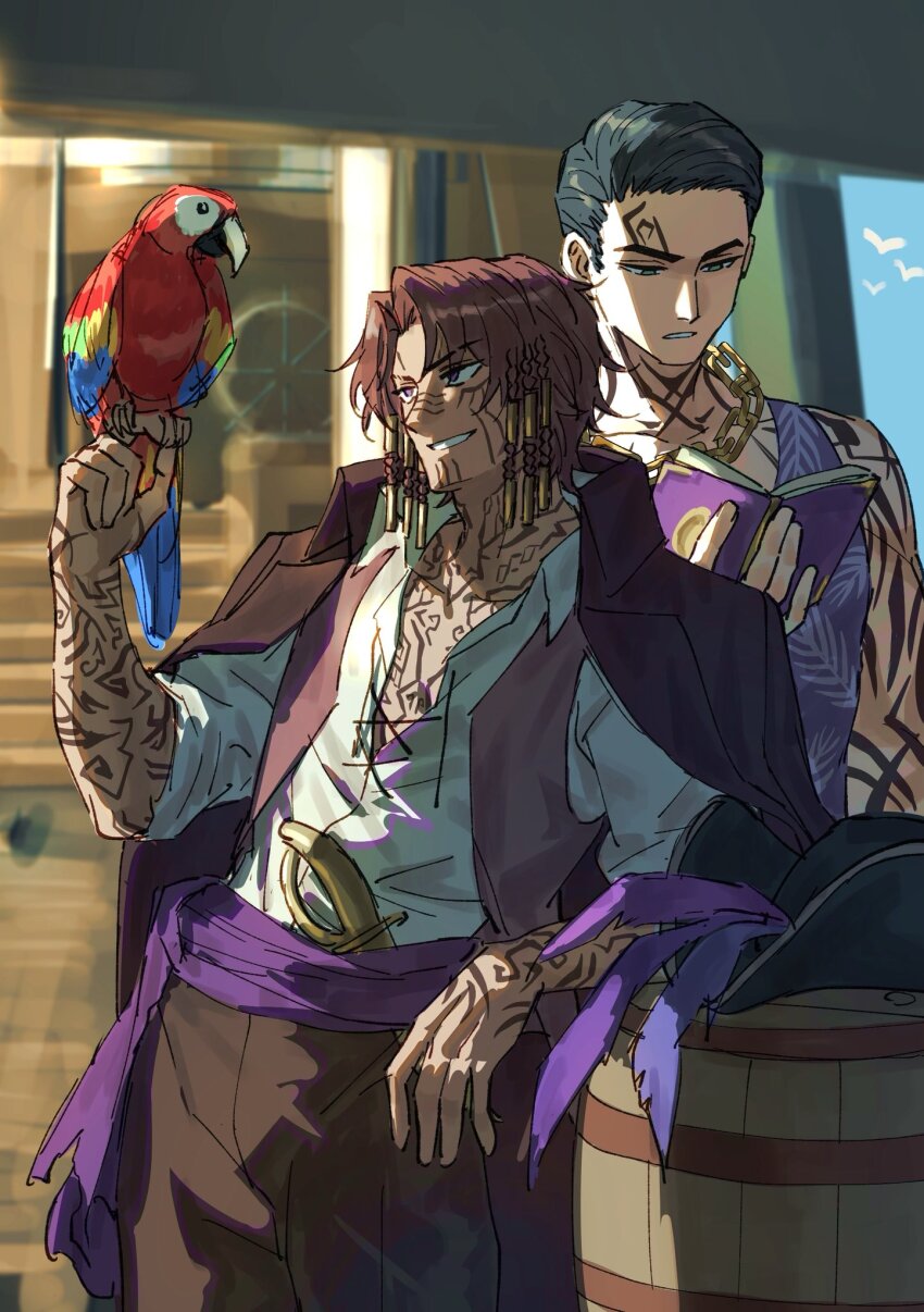 2boys, arm_tattoo, barrel, bird, bird_on_hand, black_eyes, black_hair, book