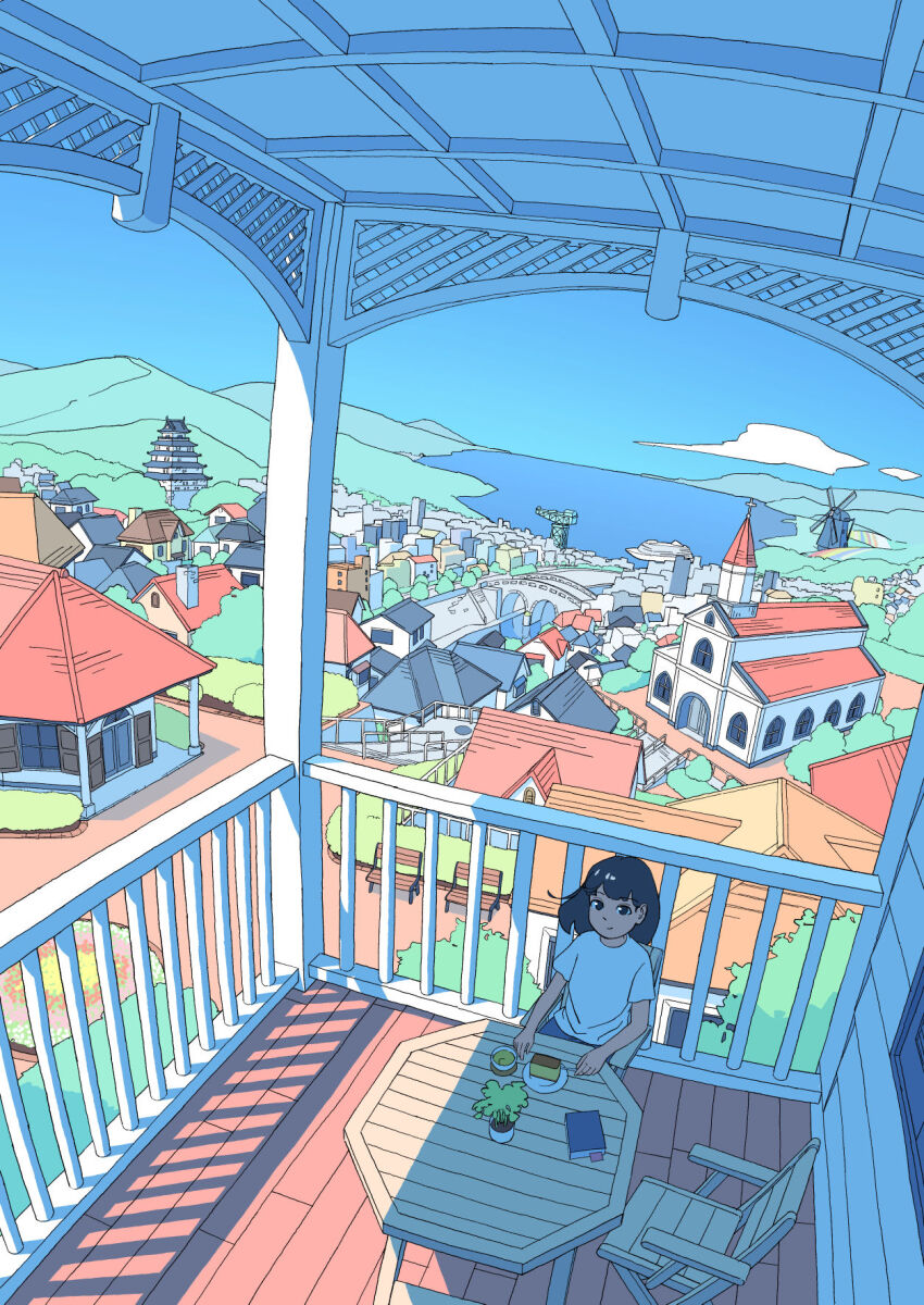 1girl, akabane_1999, balcony, bench, black_eyes, black_hair, blue_sky, book