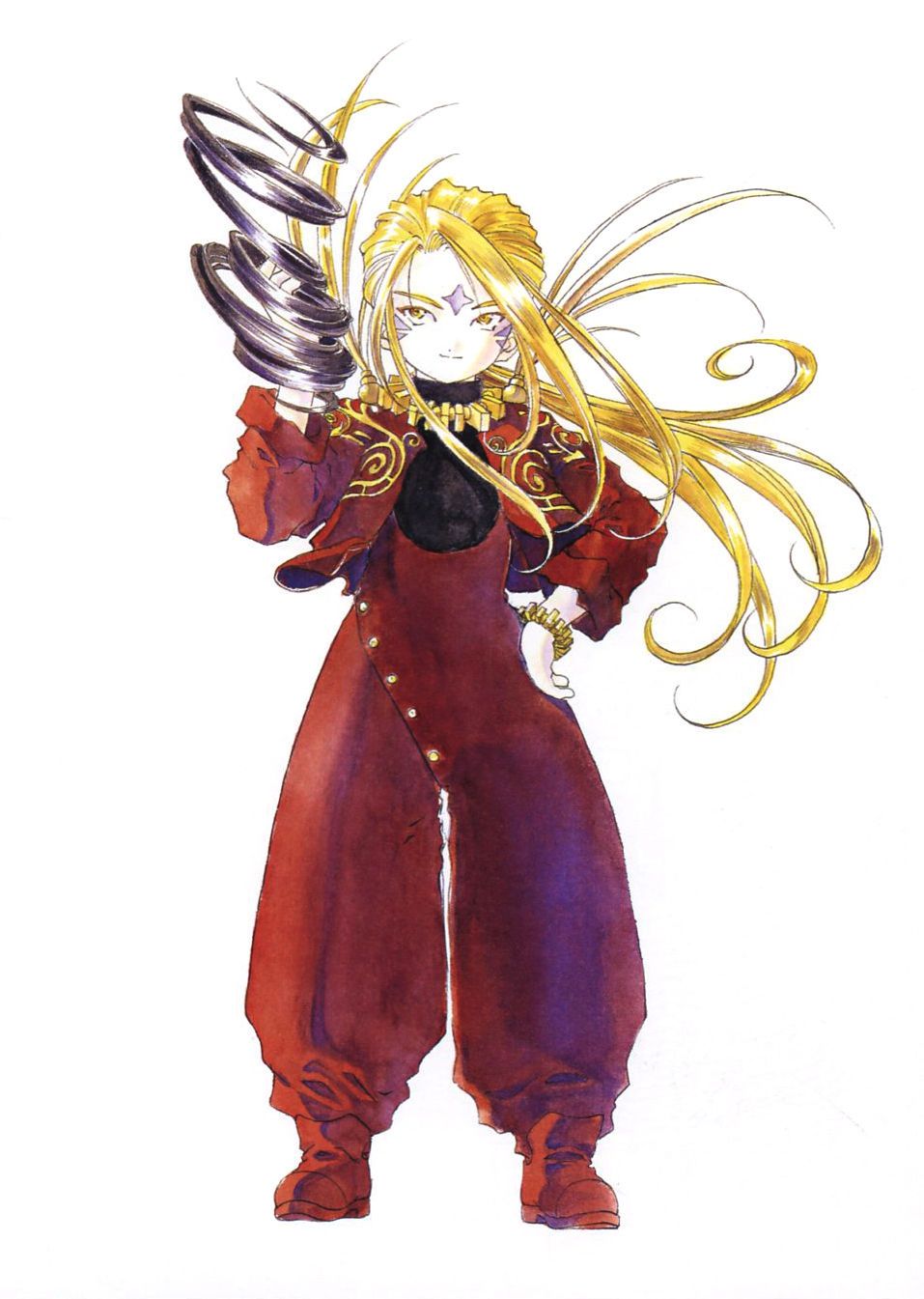 1girl, aa_megami-sama, aged_down, blonde_hair, boots, demon_girl, gloves, highres