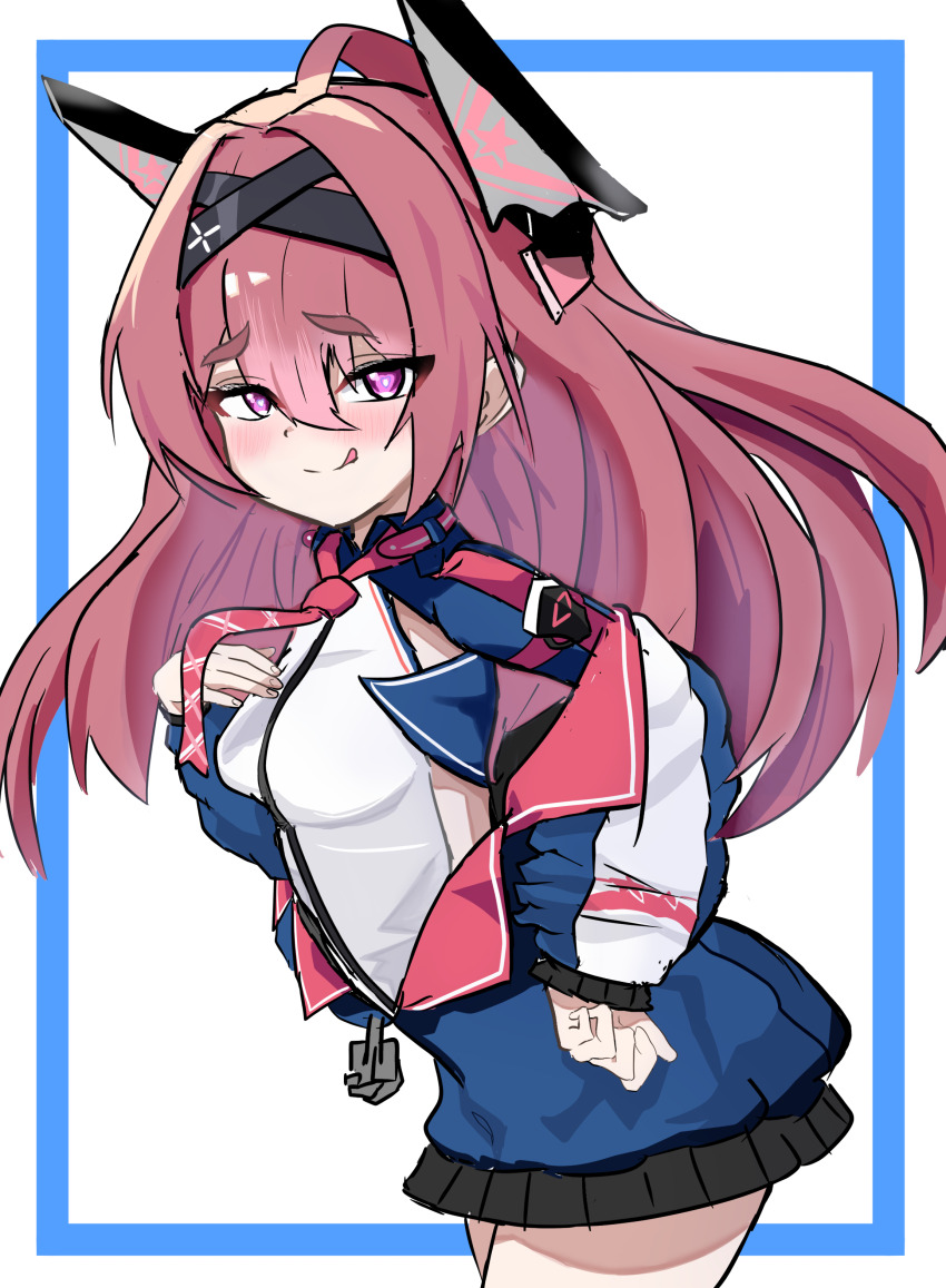 1girl, :q, absurdres, azur_lane, black_hairband, blue_jacket, blush, breasts