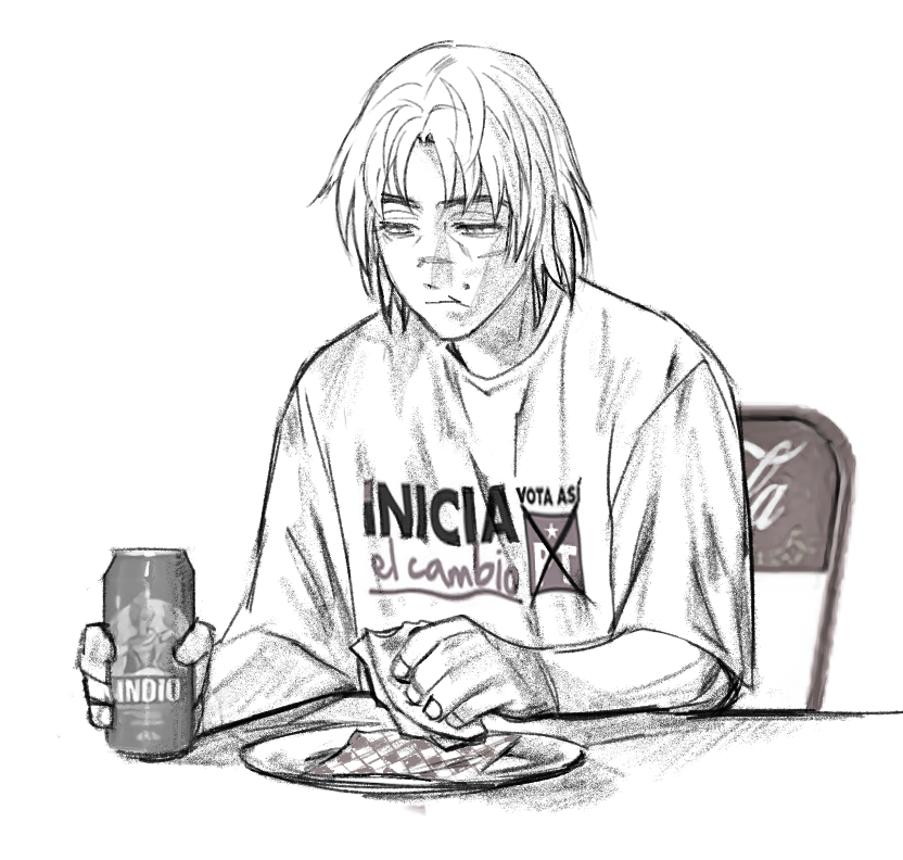 1boy, can, casual, chair, chewing, coca-cola, contemporary, eating