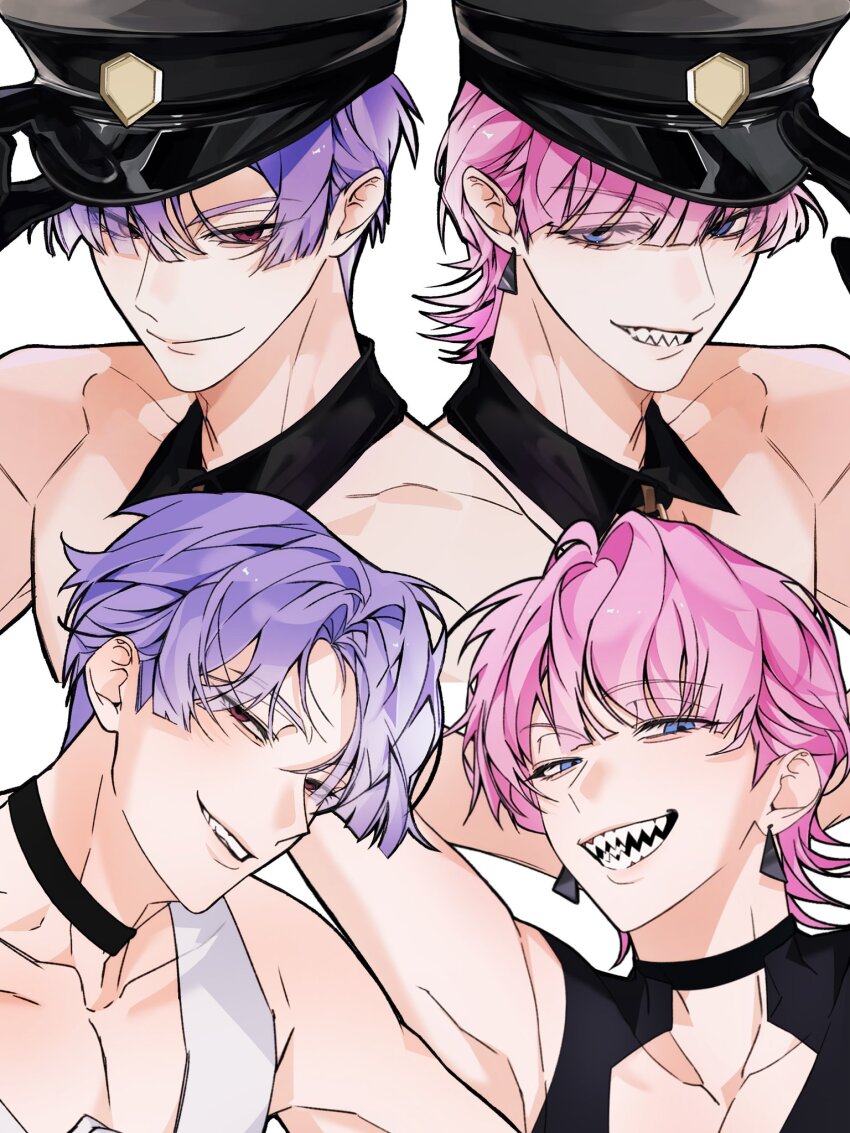 2boys, arm_behind_head, arm_up, black_choker, black_collar, black_gloves, black_hat, choker, closed_mouth, clothing_cutout, collar, commentary, detached_collar, earrings, gloves, grin, hashtag-only_commentary, hat, highres, jewelry, looking_to_the_side, male_focus, multiple_boys, multiple_views, nude, nyugi0v0, panty_&amp;_stocking_with_garterbelt, parted_hair, peaked_cap, piercing, pink_eyes, pink_hair, polyester_(psg), polyurethane_(psg), purple_hair, sharp_teeth, short_sideburns, sideburns, sideways_glance, smile, teeth, upper_body, wing_collar