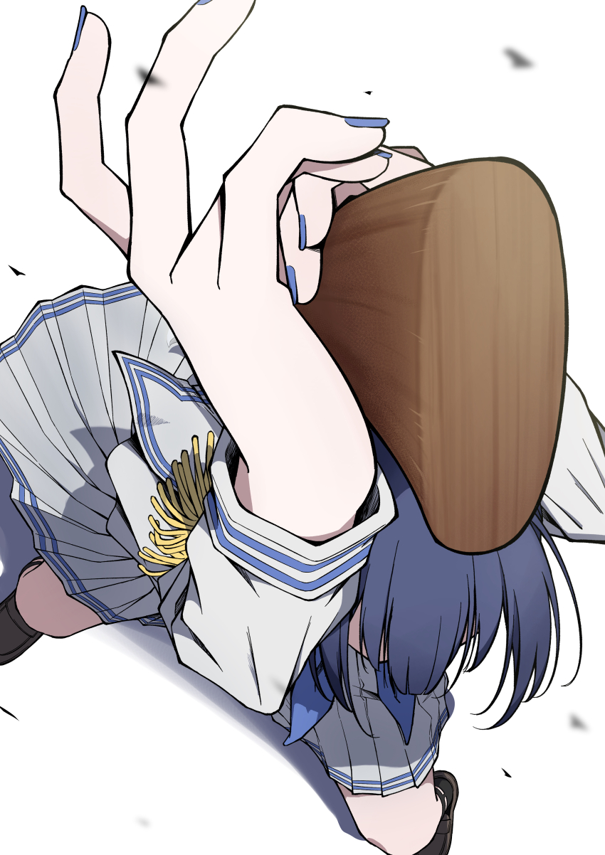 absurdres, amama_(pcnk4878), black_shoes, blue_hair, blue_nails, fingernails, foreshortening, from_above