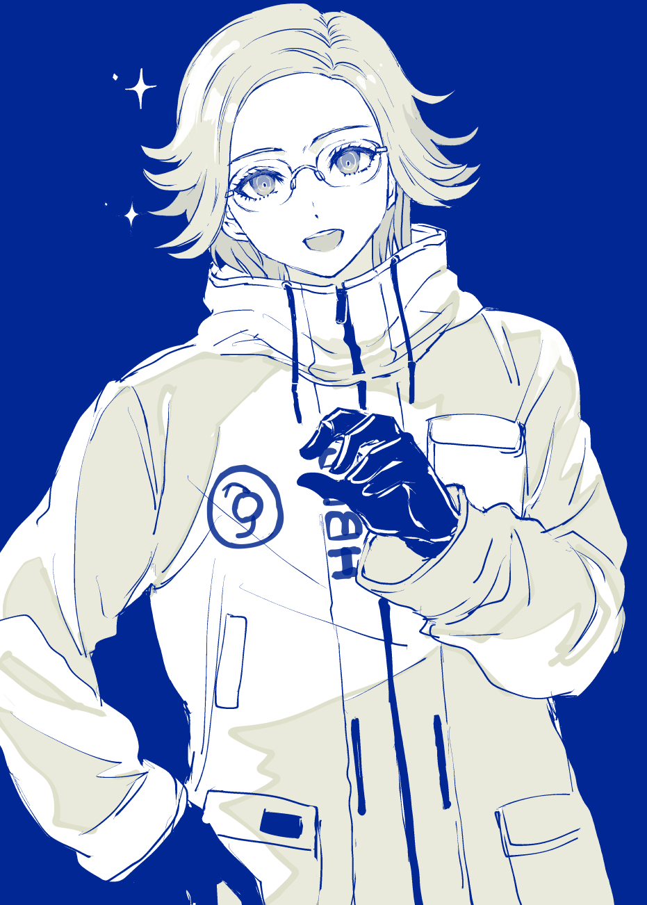 1boy, :d, aotsuki_eito, breast_pocket, glasses, gloves, greyscale_with_colored_background, hand_on_own_hip