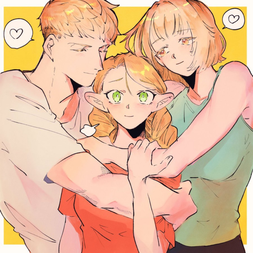 1boy, 2girls, atsuage_(amo91958757), blonde_hair, border, boy_and_girl_sandwich, brother_and_sister, closed_eyes, commentary, contemporary, dungeon_meshi, elf, falin_touden, green_eyes, green_shirt, heart, hug, laios_touden, light_smile, long_hair, looking_at_viewer, marcille_donato, medium_hair, multiple_girls, pointy_ears, red_shirt, sandwiched, shirt, short_hair, short_sleeves, siblings, sleeveless, sleeveless_shirt, speech_bubble, spoken_heart, upper_body, white_border, white_shirt, yellow_background, yellow_eyes