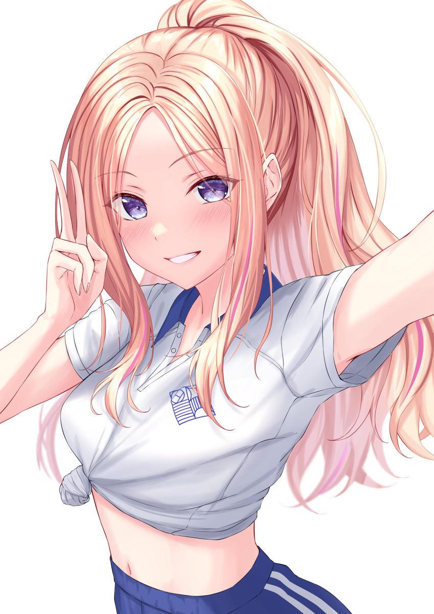 1girl, absurdres, arm_up, blue_collar, blush, collar, commentary, contrast_collar