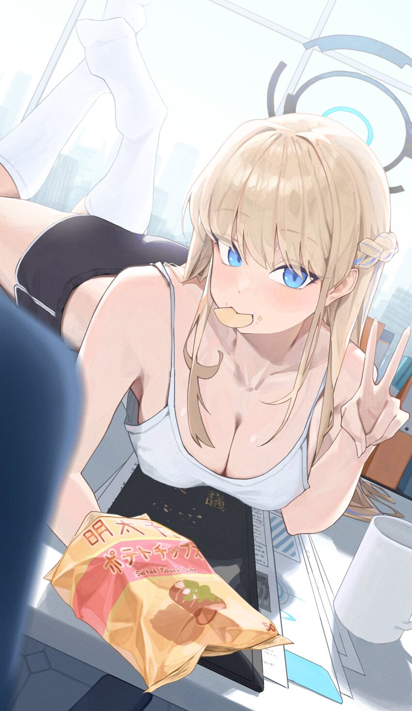 1girl, absurdres, ass, bag_of_chips, black_shorts, blonde_hair, blue_archive, blue_eyes
