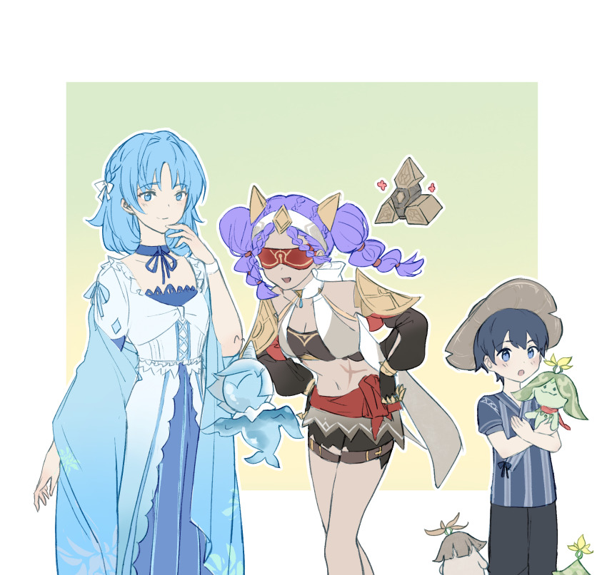 1boy, 2girls, :o, aranara_(genshin_impact), bare_legs, bare_shoulders, belt, benben_(genshin_impact)