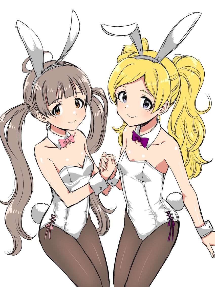 2girls, animal_ear_hairband, animal_ears, black_pantyhose, blonde_hair, breasts, brown_eyes, brown_hair