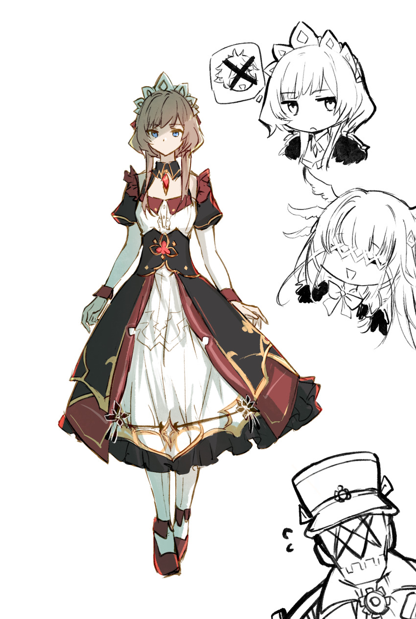 1boy, 2girls, :d, black_dress, blue_eyes, brown_hair, columbina_(genshin_impact), dress