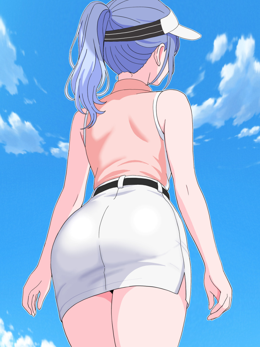 ass, blue_hair, blue_sky, cloud, facing_away, from_behind, from_below, highres, hondy_(hondycore), idolmaster, idolmaster_shiny_colors, microskirt, pencil_skirt, ponytail, shirt, shirt_tucked_in, side_slit, skirt, sky, sleeveless, sleeveless_shirt, suzuki_hana, thighs, visor_cap, white_skirt