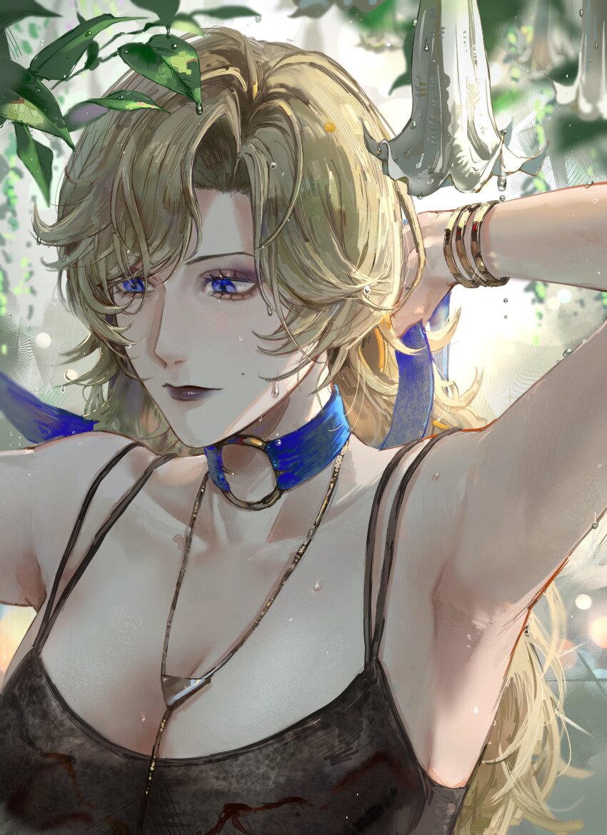 1girl, absurdres, armpits, arms_behind_head, blonde_hair, blue_choker, blue_eyes, bracelet