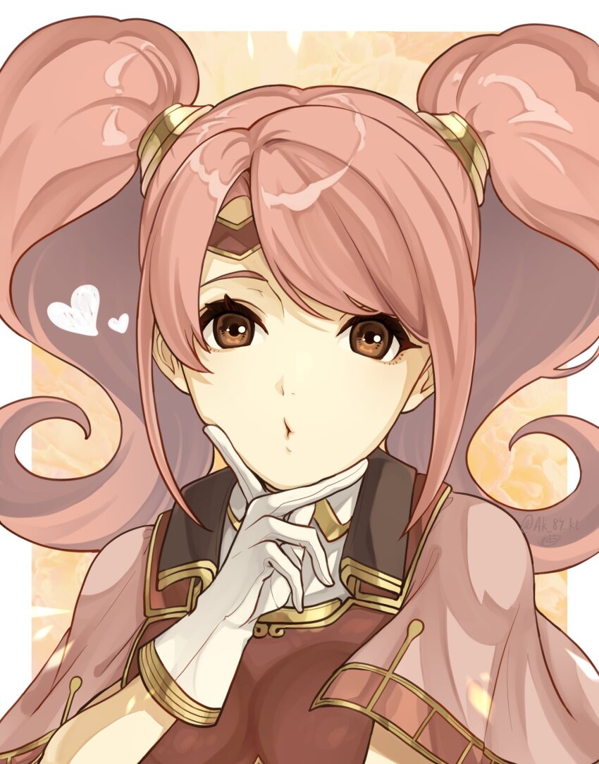 1girl, ak_87_kt, armor, boobplate, breastplate, breasts, brown_eyes, circlet, dress, fire_emblem, fire_emblem_echoes:_shadows_of_valentia, gloves, hair_ornament, heart, highres, long_hair, looking_at_viewer, mae_(fire_emblem), medium_breasts, nintendo, parted_lips, pink_dress, pink_hair, short_sleeves, simple_background, solo, twintails, upper_body, v, white_gloves