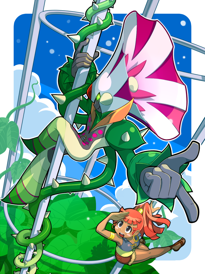 1boy, 1girl, anetta_(mega_man), arm_up, armlet, black_eyes, blue_sky, border