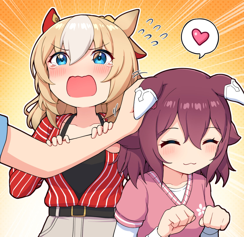 1boy, 2girls, animal_ears, belt, belt_buckle, black_belt, black_camisole, blonde_hair, brown_hair, brown_pants, buckle, camisole, commentary_request, durandal_(casual)_(umamusume), durandal_(umamusume), emphasis_lines, flying_sweatdrops, hands_up, headpat, heart, highres, horse_ears, jacket, layered_sleeves, long_sleeves, multicolored_hair, multiple_girls, orange_background, out_of_frame, pants, paw_pose, pink_sweater, polka_dot, polka_dot_background, red_jacket, sakura_chiyono_o_(casual)_(umamusume), sakura_chiyono_o_(umamusume), shirt, short_over_long_sleeves, short_sleeves, spoken_heart, striped_clothes, striped_jacket, sweater, takiki, two-tone_hair, umamusume, vertical-striped_clothes, vertical-striped_jacket, white_hair, white_shirt