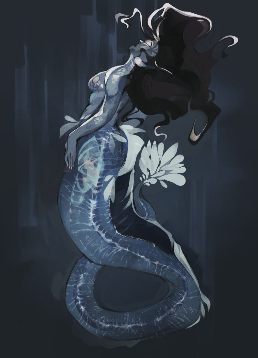 1girl, black_hair, breasts, coiled, commentary, curly_hair, english_commentary, facing_up