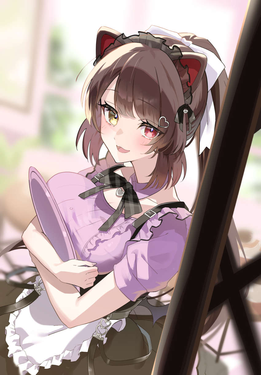 1girl, :3, animal_ears, apron, black_ribbon, black_skirt, blurry, blurry_background