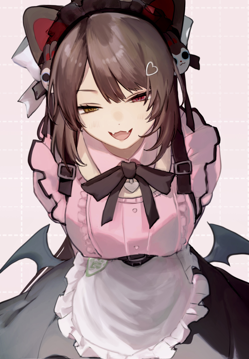 1girl, :3, :d, absurdres, animal_ears, animal_hair_ornament, apron, arms_behind_back, black_ribbon, black_skirt, blush, breasts, brown_hair, cafe_cutemare_uniform, collar, commentary_request, cowboy_shot, demon_wings, detached_collar, dog_ears, dog_girl, dot_nose, dotted_line, eyelashes, fangs, frilled_apron, frilled_shirt, frills, grey_headdress, grey_wings, grid_background, hair_ornament, half-closed_eyes, heart, heart_hair_ornament, heart_pendant, heterochromia, highres, ichigobanan_a, inui_toko, large_breasts, leaning_forward, long_hair, looking_at_viewer, low_wings, maid_headdress, mini_wings, name_tag, neck_ribbon, nijisanji, open_mouth, pink_background, pink_collar, pink_shirt, red_eyes, ribbon, shirt, skin_fangs, skirt, smile, solo, straight-on, very_long_hair, virtual_youtuber, waist_apron, waitress, white_apron, wings, yellow_eyes
