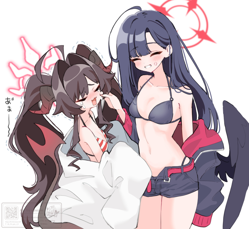 2girls, :3, absurdly_long_hair, anger_vein, angry, antenna_hair, bare_shoulders, belt, bikini, black_bikini, black_hair, black_jacket, black_shorts, black_wings, blue_archive, blush, breasts, brown_hair, closed_eyes, collarbone, crying, demon_girl, demon_horns, demon_tail, fang, feathered_wings, flat_chest, grin, halo, hand_up, highres, horns, ichika_(blue_archive), ichika_(swimsuit)_(blue_archive), jacket, kasumi_(blue_archive), kasumi_(swimsuit)_(blue_archive), lab_coat, loli, long_hair, long_sleeves, multiple_girls, navel, off_shoulder, open_clothes, open_mouth, open_shorts, pinching, pinching_cheek, red_belt, red_halo, sasami_(cho_ge_n_ki), scolding, shorts, simple_background, skin_fang, small_breasts, smile, standing, stomach, striped_bikini, striped_clothes, swimsuit, tail, tears, thighs, trembling, twintails, twitter, very_long_hair, white_background, wings