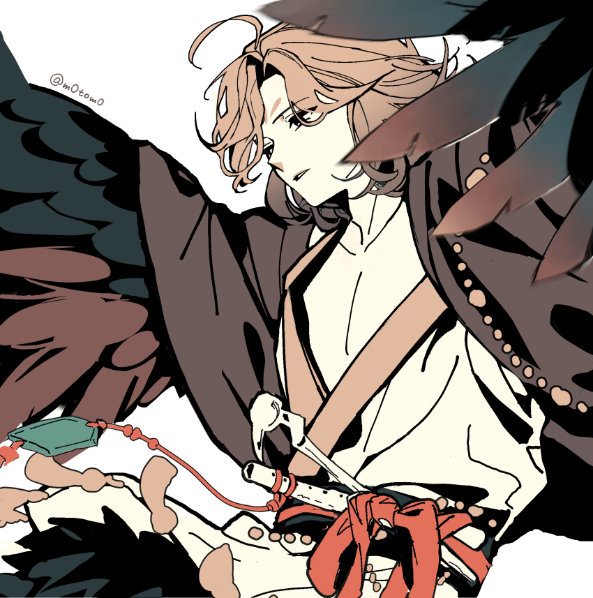 1boy, bird_wings, bone_weapon, brown_hair, brown_wings, chinese_clothes, flute, getian_(reverse:1999)