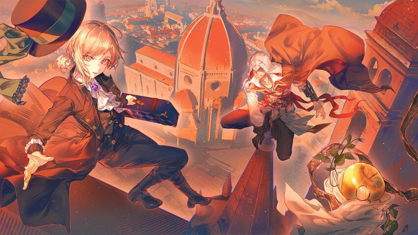 1boy, 1girl, apple, apple_(reverse:1999), apple_(the_fruit_of_wisdom)_(reverse:1999), ascot, assassin's_creed_(series), assassin's_creed_ii