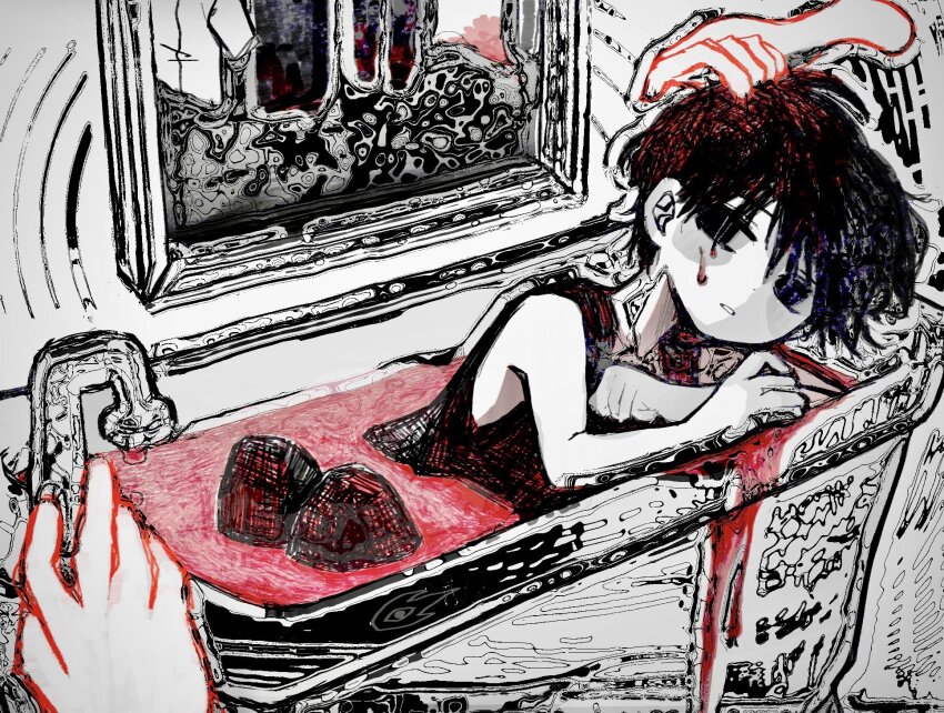 1boy, bath, bath_of_blood, bathing, bathtub, black_eyes, black_hair, black_tank_top
