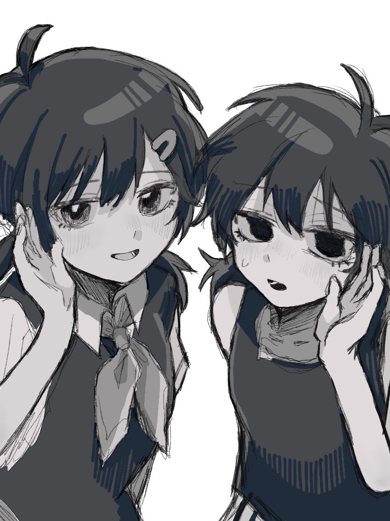 2girls, adapted_costume, antenna_hair, collared_shirt, dual_persona, empty_eyes, from_above, genderswap