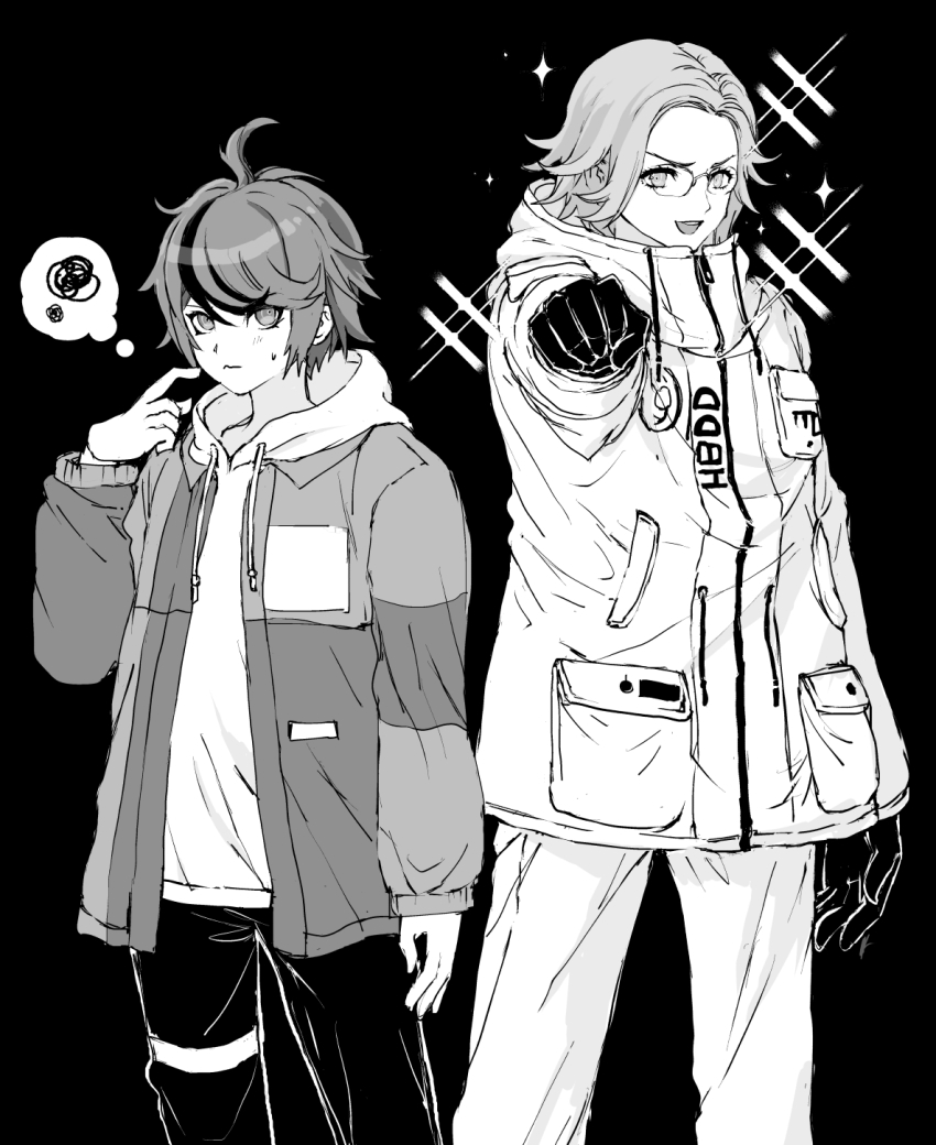 2boys, :d, ahoge, aotsuki_eito, breast_pocket, clenched_hand, cowboy_shot, glasses