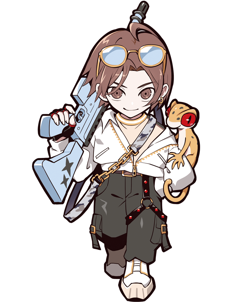 ahoge, anime_coloring, aqua-tinted_eyewear, belt, belt_buckle, black_eyes, black_gloves, black_straps