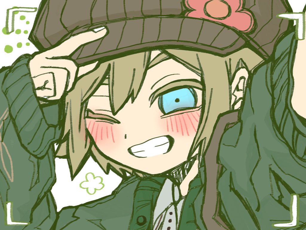 1boy, adjusting_clothes, adjusting_headwear, arm_up, basil_(birthday)_(omori), basil_(faraway)_(omori), basil_(omori), blonde_hair