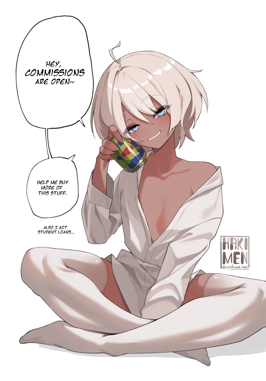 1girl, absurdres, artist_name, blonde_hair, blue_eyes, can, collarbone, commentary, crossed_legs, dark-skinned_female, dark_skin, drink_can, english_commentary, english_text, full_body, hakimen, half-closed_eyes, highres, holding, holding_can, lipton, looking_at_viewer, off_shoulder, open_clothes, open_shirt, original, parted_lips, partially_unbuttoned, shirt, short_hair, sitting, skindentation, soda_can, solo, speech_bubble, thighhighs, white_shirt, white_thighhighs