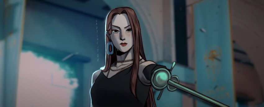 1girl, black_dress, black_gloves, brown_hair, chain, chain_necklace, commentary, cosplay