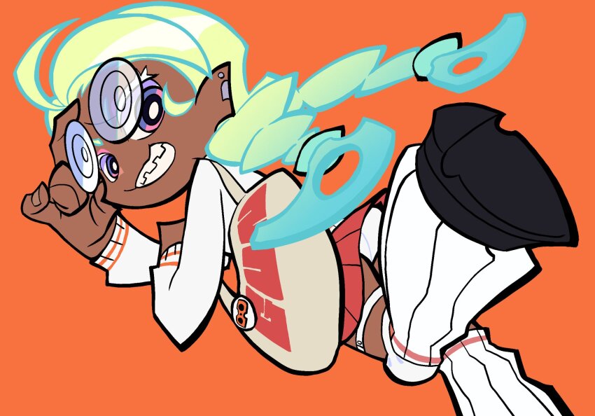 1girl, blonde_hair, braces, braid, coke-bottle_glasses, colored_eyelashes, dark-skinned_female, dark_skin, glasses, grin, gunsmith_bitch_(psg), highres, mattdiex0515, multicolored_hair, panties, panty_&amp;_stocking_with_garterbelt, pantyshot, smile, twin_braids, underwear, upskirt, white_eyelashes