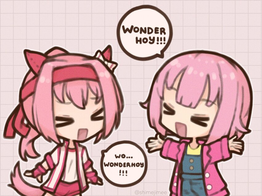 >_<, 2girls, :d, animal_ears, blue_overalls, bow, commentary, crossover, english_commentary, gloves, grey_background, grid_background, hairband, haru_urara_(bestest_prize)_(umamusume), haru_urara_(umamusume), highres, hood, hood_down, hooded_jacket, horse_ears, horse_girl, horse_tail, jacket, long_hair, long_sleeves, multiple_girls, ootori_emu, open_clothes, open_jacket, open_mouth, outline, overalls, pink_gloves, pink_hair, pink_hairband, pink_jacket, pink_shorts, pink_trim, ponytail, project_sekai, shimejimee, shirt, short_hair, shorts, smile, speech_bubble, tail, trait_connection, twitter_username, umamusume, white_bow, white_jacket, white_outline, white_shirt, wonderhoy, xd, yellow_shirt