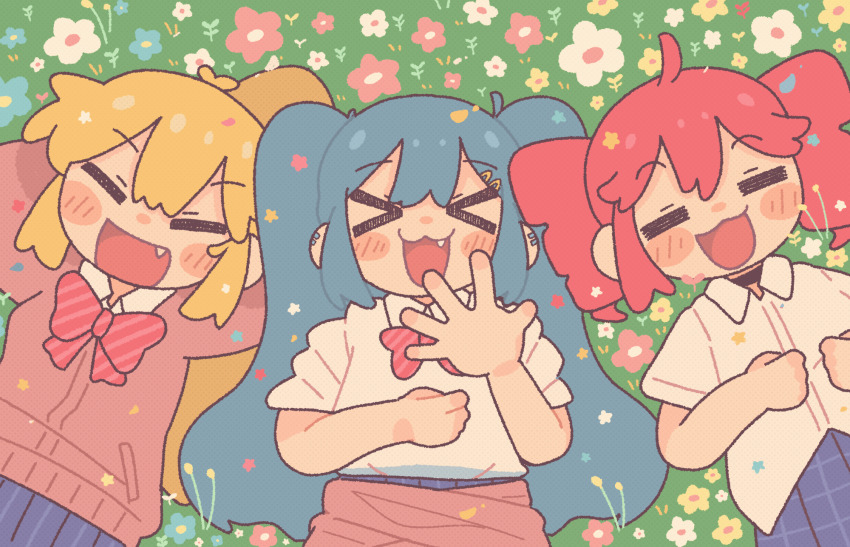 >_<, 3girls, akita_neru, animated, animated_gif, antenna_hair, aqua_hair, black_choker, blonde_hair, blue_skirt, blush, bow, brown_cardigan, cardigan, checkered_clothes, checkered_skirt, choker, closed_eyes, collared_shirt, drill_hair, ear_piercing, falling_petals, fang, flower, grass, hair_between_eyes, hair_ornament, hairclip, hatsune_miku, highres, hishimatope, kasane_teto, long_hair, looping_animation, lying, multiple_girls, on_back, on_ground, open_mouth, petals, piercing, pleated_skirt, red_bow, red_hair, shirt, shirt_tucked_in, side_ponytail, skirt, smile, striped_bow, triple_baka_(vocaloid), triple_ryuunen, twin_drills, twintails, utau, very_long_hair, vocaloid, white_shirt, zako_(vocaloid)