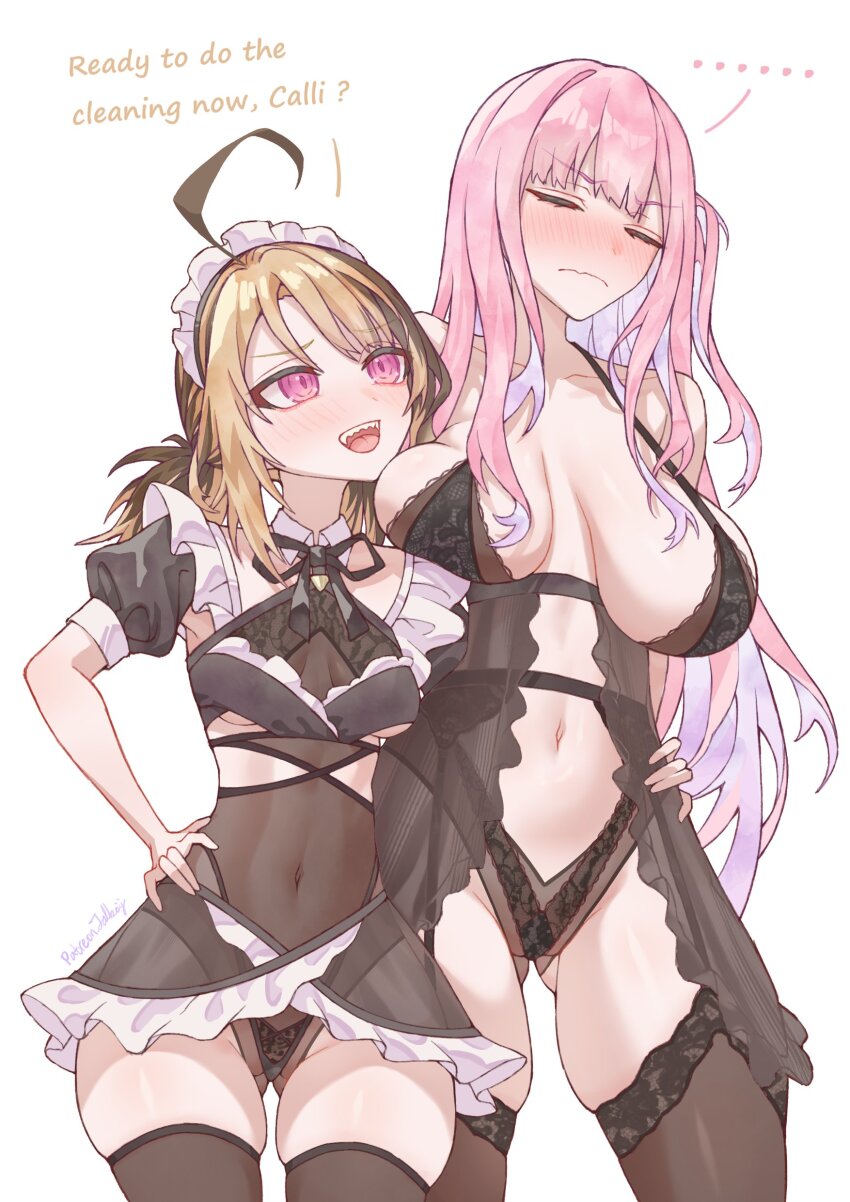 ..., 2girls, absurdres, ahoge, black_garter_belt, black_ribbon, black_thighhighs, blonde_hair, blush, boijfal, breasts, brown_hair, closed_eyes, closed_mouth, covered_navel, english_text, garter_belt, garter_straps, gigi_murin, gluteal_fold, highres, hololive, hololive_english, large_breasts, leotard, lingerie, long_hair, maid_headdress, mori_calliope, multicolored_hair, multiple_girls, navel, nose_blush, open_mouth, pink_eyes, pink_hair, ribbon, sagging_breasts, sharp_teeth, small_breasts, teeth, thighhighs, twintails, two-tone_hair, underwear, virtual_youtuber