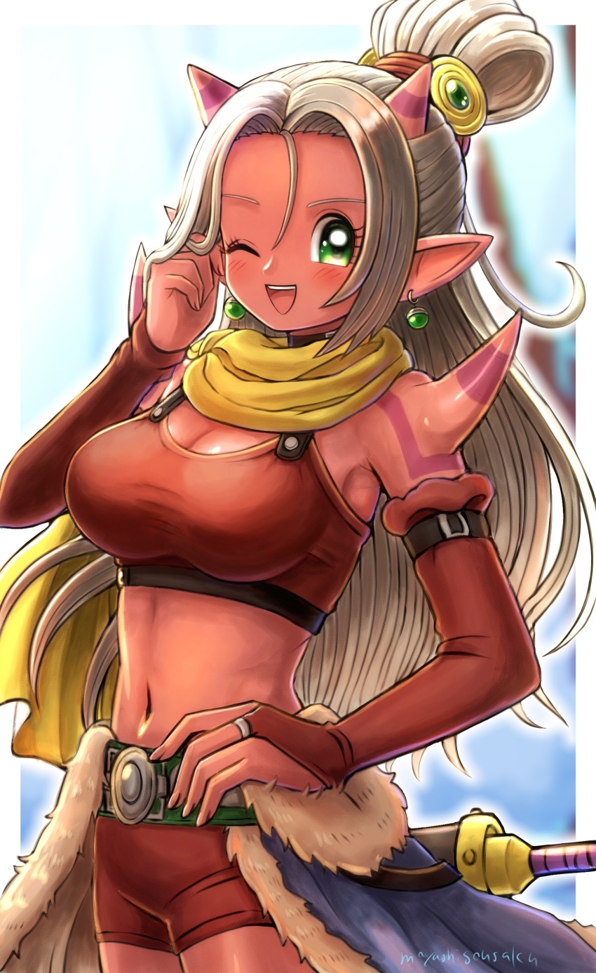 1girl, ;d, absurdres, belt, blonde_hair, blurry, blurry_background, body_markings