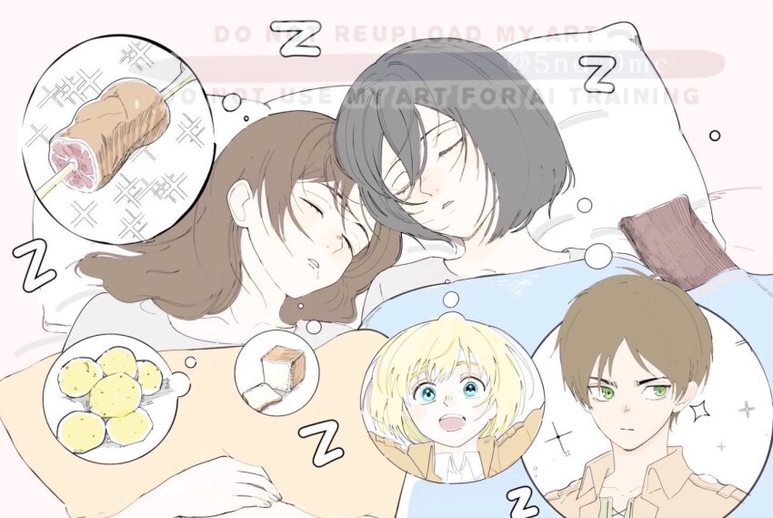 2boys, 2girls, 5nd_0mc, armin_arlert, black_hair, blonde_hair, blue_eyes, boned_meat