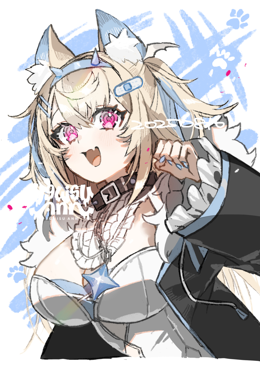 1girl, animal_ears, bandaid, bandaid_hair_ornament, black_jacket, blonde_hair, blue_hairband, blue_streaks